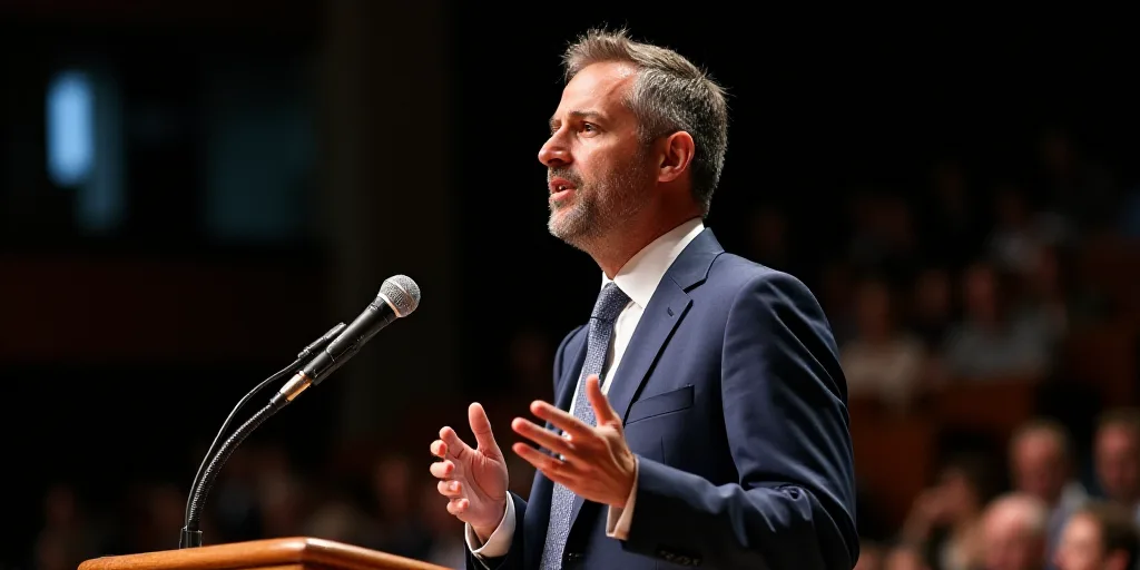 a man in a suit and tie giving a speech at a conference hall with a microphone in front of him, Clov