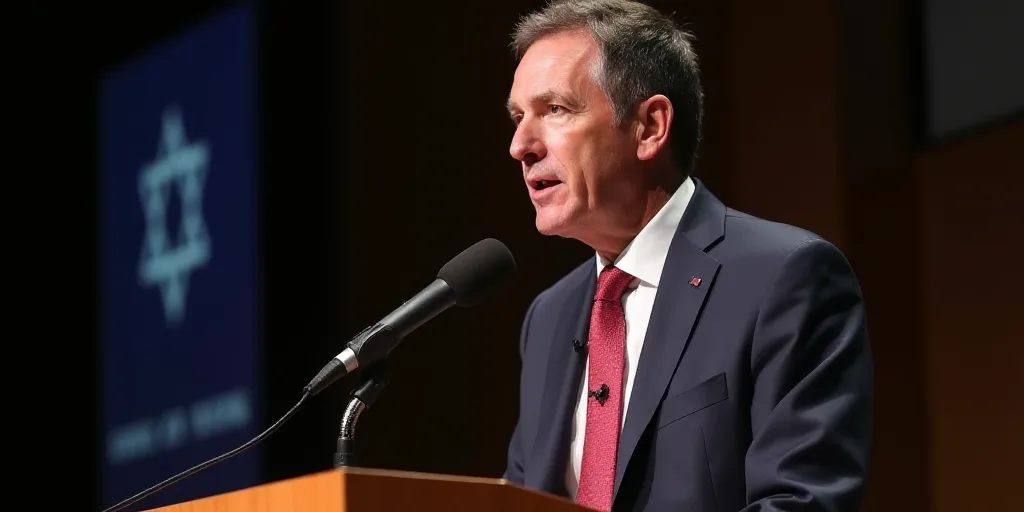 a man in a suit and tie giving a speech at a podium with a microphone in front of him, Aaron Bohrod,