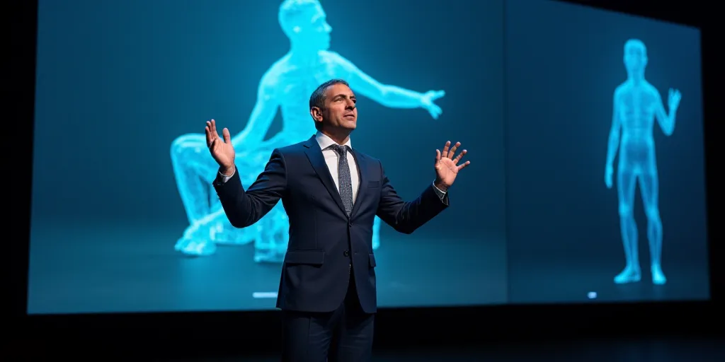 a man in a suit and tie giving a speech with his hands up in the air and a large screen behind him,