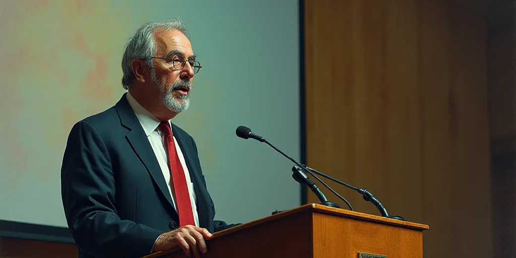 a man in a suit and tie giving a speech at a podium with a microphone in his hand and a screen behin