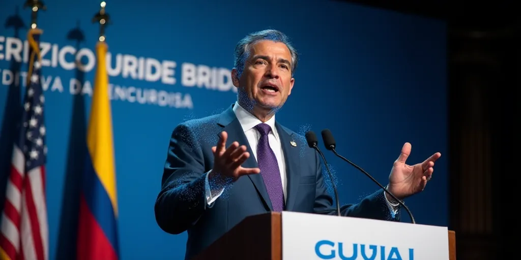 a man in a suit and tie giving a speech at a podium with flags behind him and a sign behind him, Fed