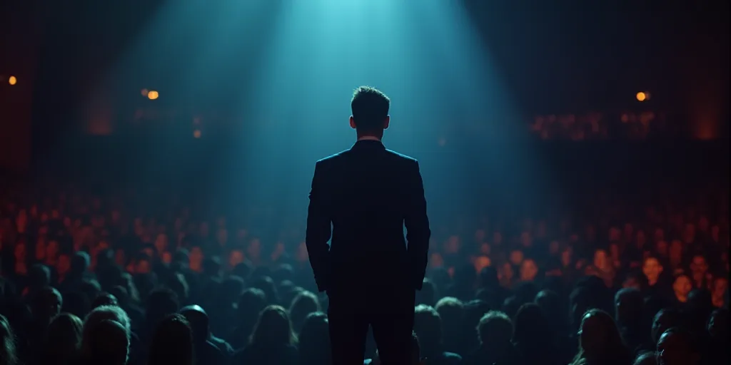 a man in a suit and tie holding a microphone in front of a crowd of people at a concert, Andrew Law,