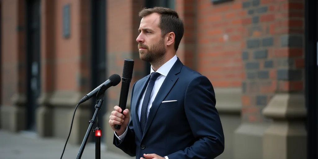 a man in a suit and tie holding a microphone and a microphone stand in front of a building with a br