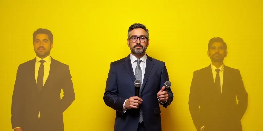 a man in a suit and tie holding microphones in front of a yellow wall with a man in a suit and tie,