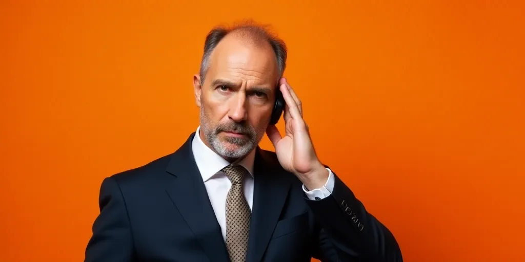 a man in a suit and tie holding his hand up to his ear and looking at the camera with a serious look