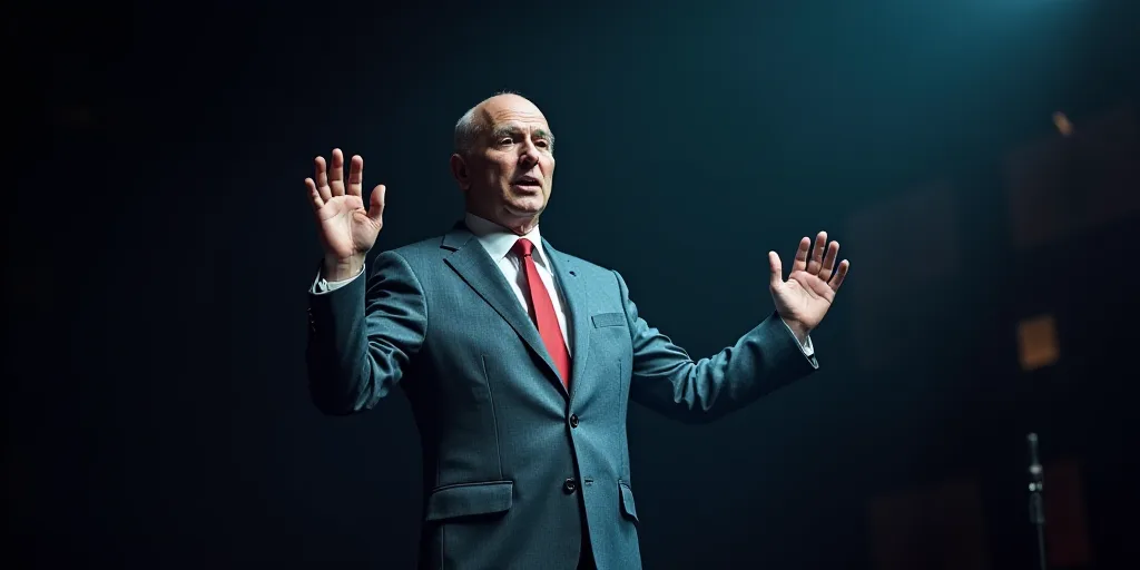 a man in a suit and tie is giving a speech on stage with his hands up in the air, Boleslaw Cybis, za
