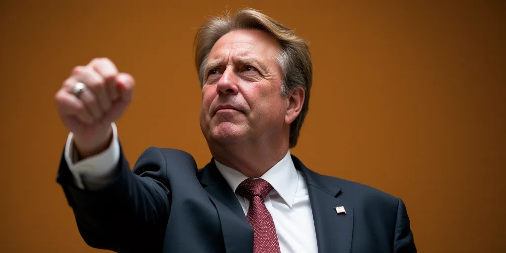 a man in a suit and tie is holding his fist up and looking at something in the distance with his rig