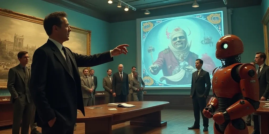 a man in a suit and tie is pointing at something while others look on in a room with a mural, Federi