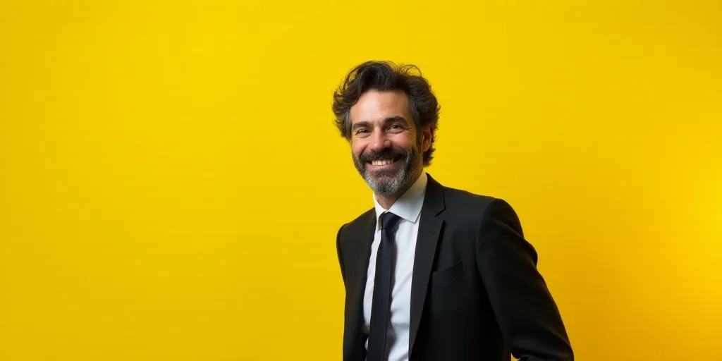 a man in a suit and tie is smiling for the camera with a yellow background and a yellow background,