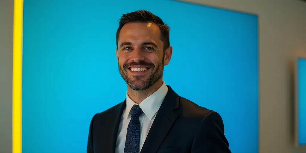 a man in a suit and tie is smiling for a picture with a blue background and a yellow border, Edward