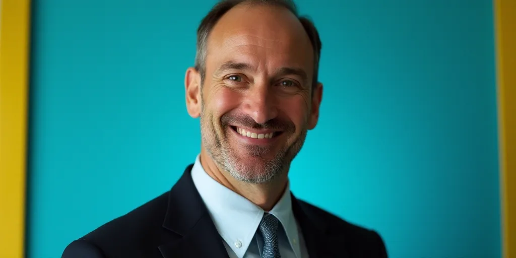a man in a suit and tie is smiling for a picture with a blue background and a yellow border, Edward