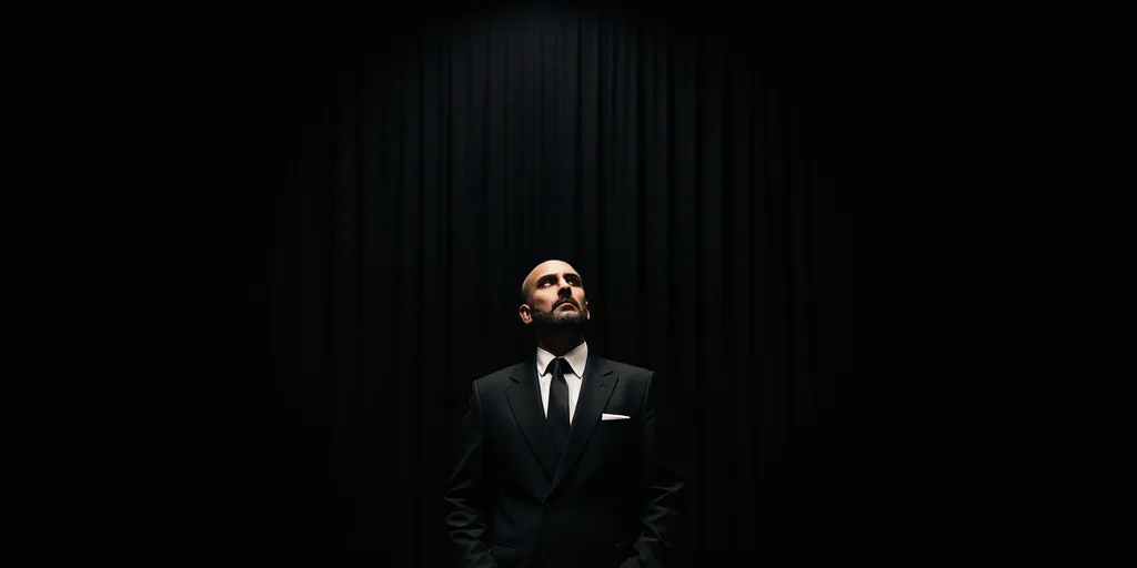 a man in a suit and tie looking off into the distance with a black background behind him and a black