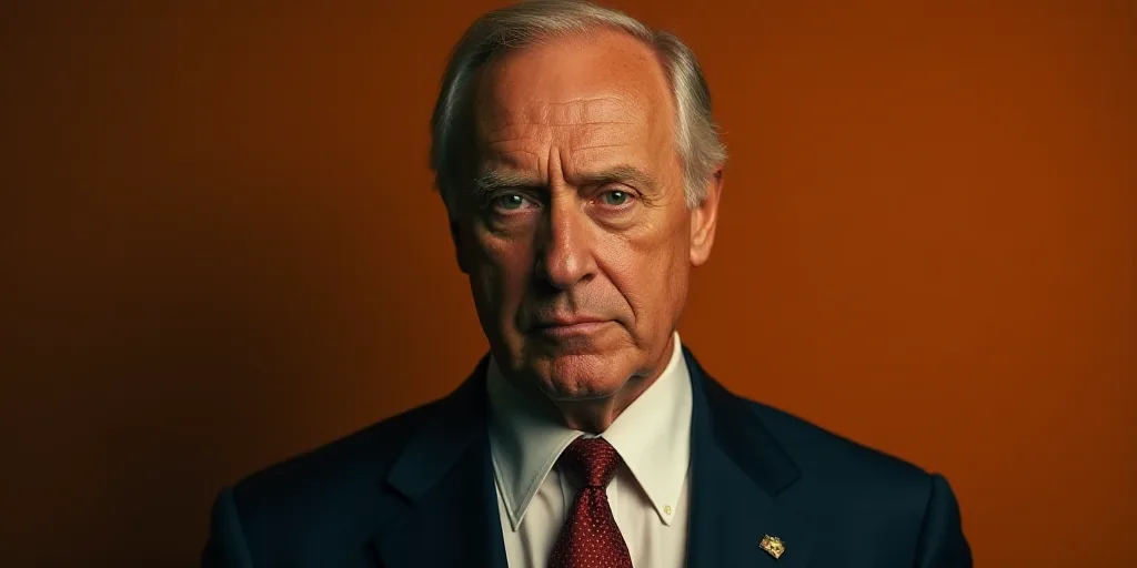 a man in a suit and tie looking at the camera with a serious look on his face and shoulder, Donald R