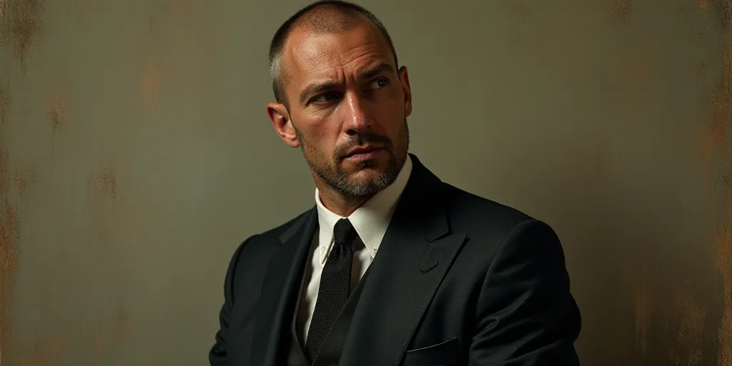 a man in a suit and tie looking off to the side with a serious look on his face and shoulders, ESAO,