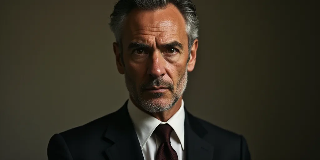 a man in a suit and tie looking at the camera with a serious look on his face and shoulders, Andrew