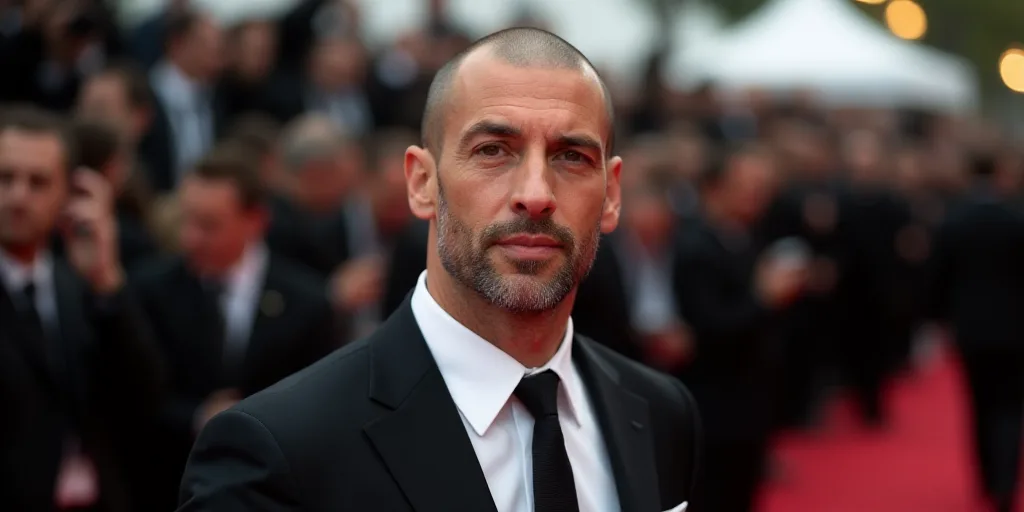 a man in a suit and tie looking at the camera with a crowd behind him in the background at a red car