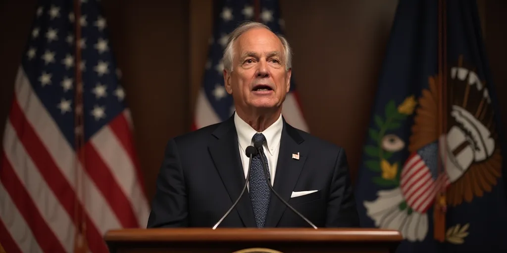 a man in a suit and tie making a speech with an american flag behind him and a picture of a wreath,