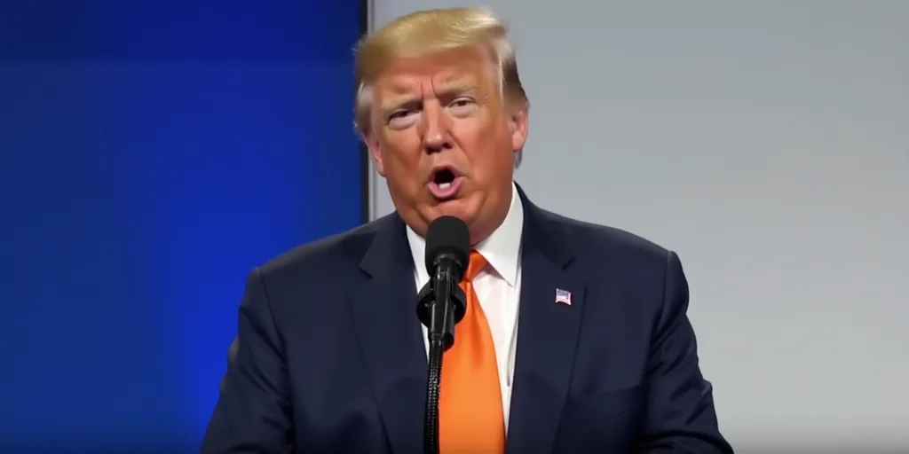 a man in a suit and tie making a face while speaking into a microphone with a blue background and a