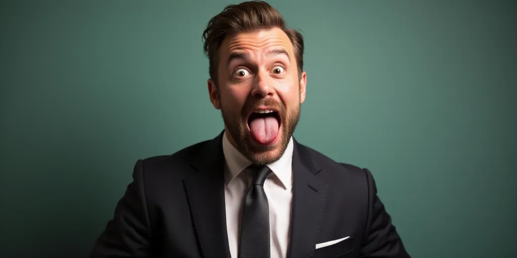 a man in a suit and tie making a surprised face with his mouth open and his tongue out in front of h