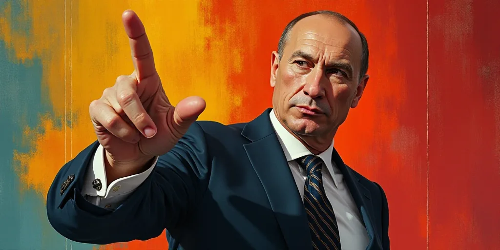 a man in a suit and tie pointing at something with a finger up in front of him and a colorful backgr