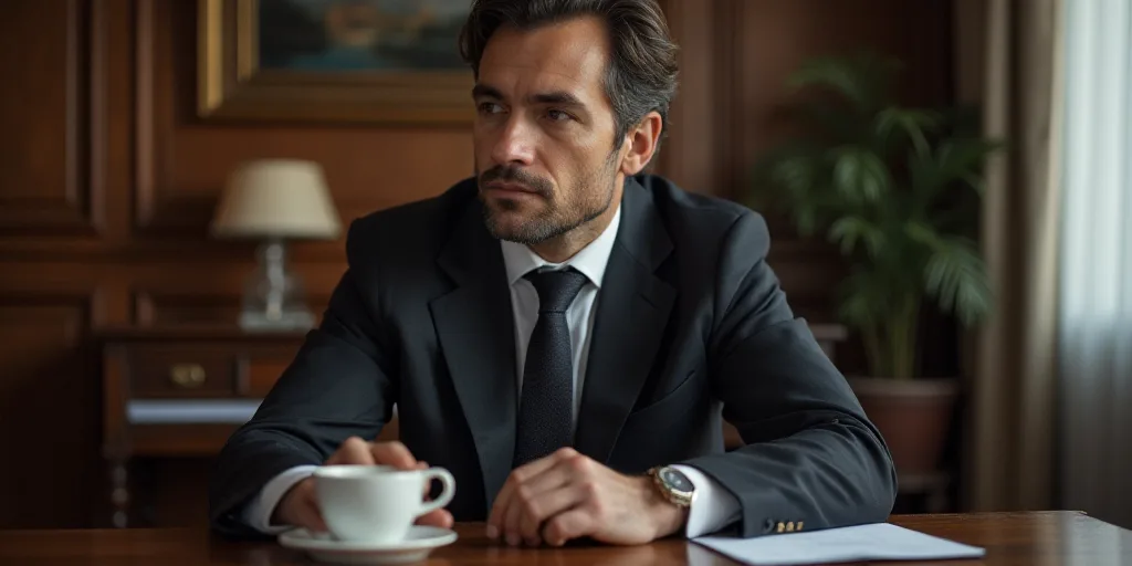 a man in a suit and tie sitting at a table with a cup of coffee in front of him, david rubín, ignac