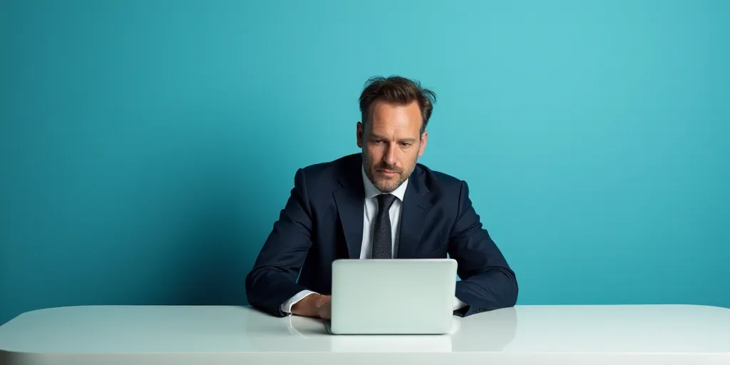 a man in a suit and tie sitting at a table with a laptop computer in front of him and a blue backgro