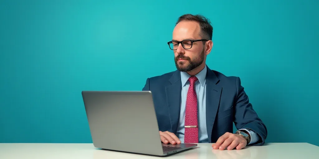 a man in a suit and tie sitting at a table with a laptop computer in front of him and a blue backgro