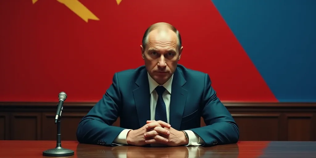 a man in a suit and tie sitting at a table with a microphone in front of him and a red and blue back