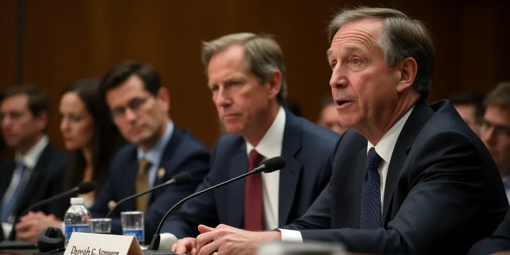 a man in a suit and tie sitting at a table with microphones in front of him and people behind him, D