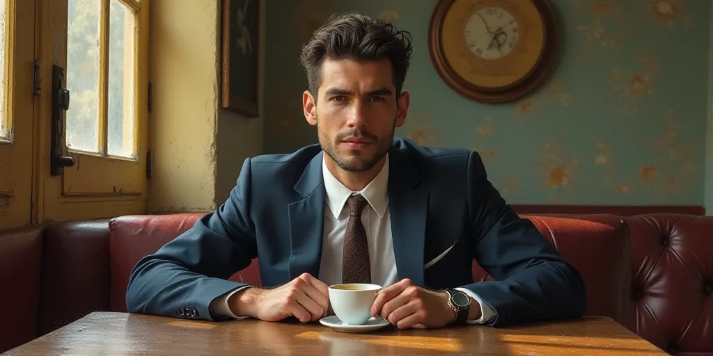 a man in a suit and tie sitting at a table with a cup of coffee in front of him, Estuardo Maldonado,