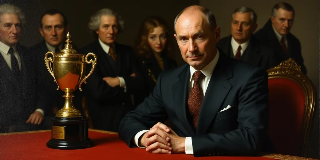 a man in a suit and tie sitting at a table with other people in the background and a trophy on the t