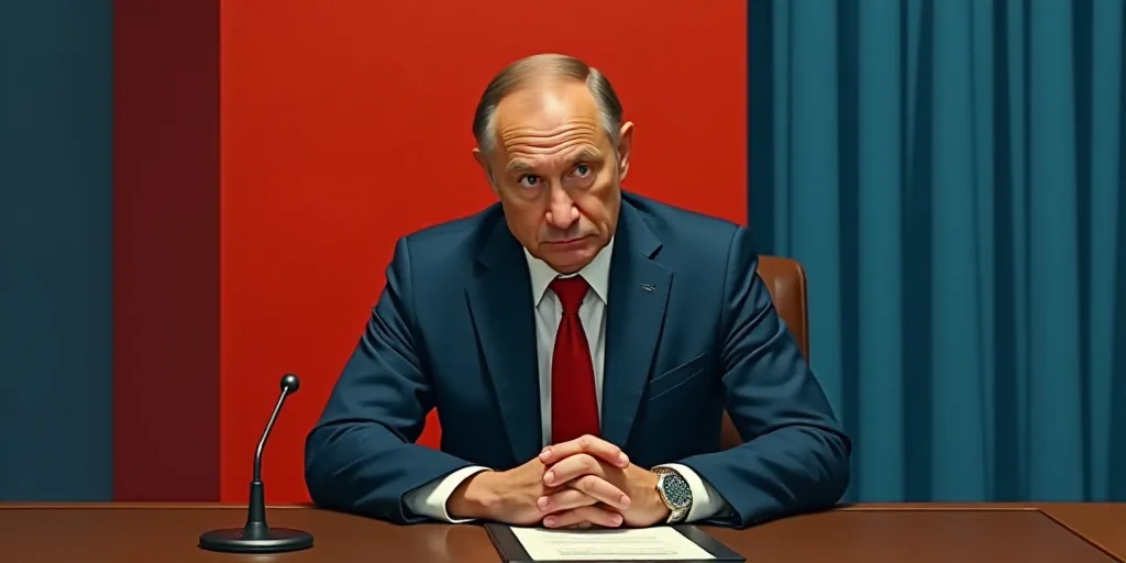 a man in a suit and tie sitting at a table with a microphone in front of him and a red and blue back