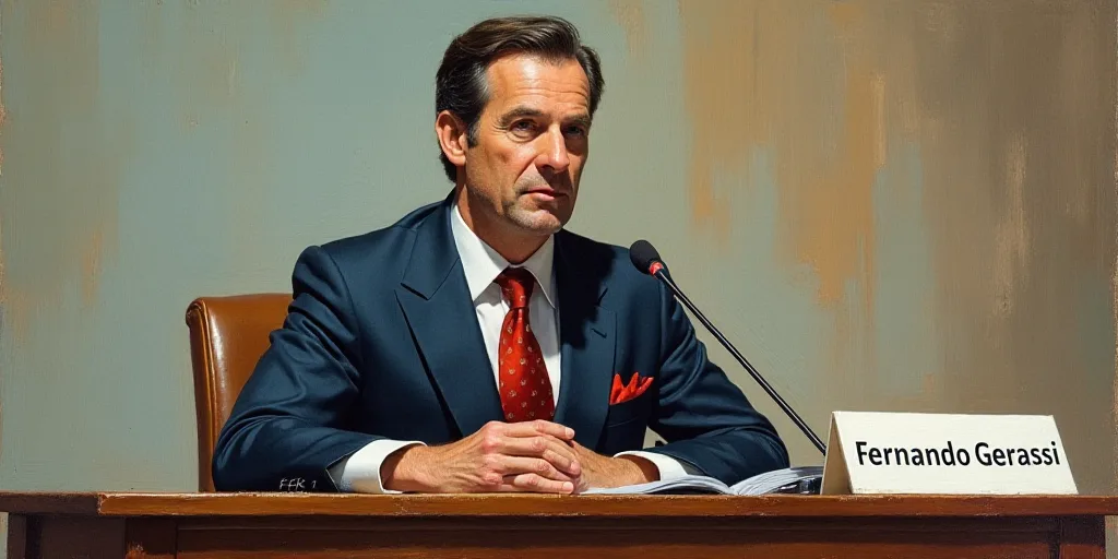 a man in a suit and tie sitting at a table with a microphone in front of him and a fgr sign behind h