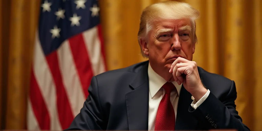 a man in a suit and tie sitting in front of a flag and a flag pole with a hand on his chin, Donald R