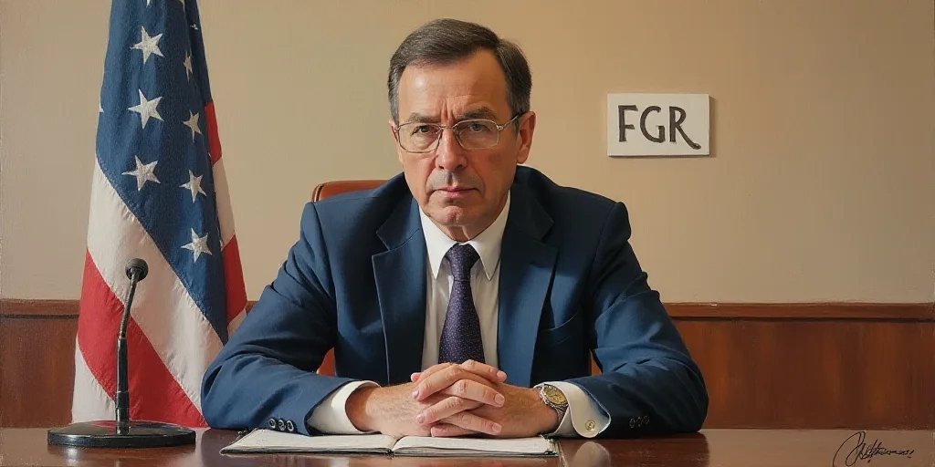 a man in a suit and tie sitting at a table with a microphone in front of him and a fgr sign behind h