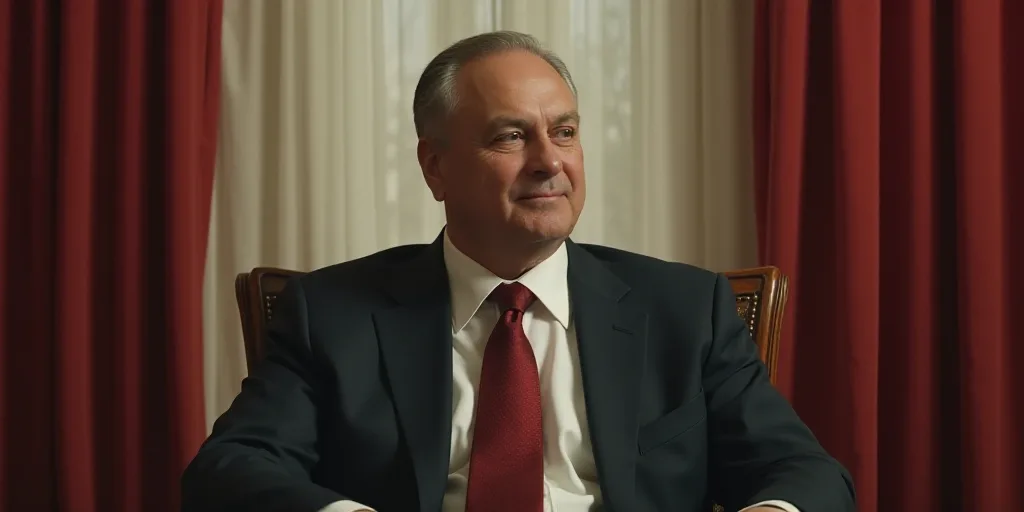 a man in a suit and tie sitting down in a room with a curtain behind him and a curtain behind him, B