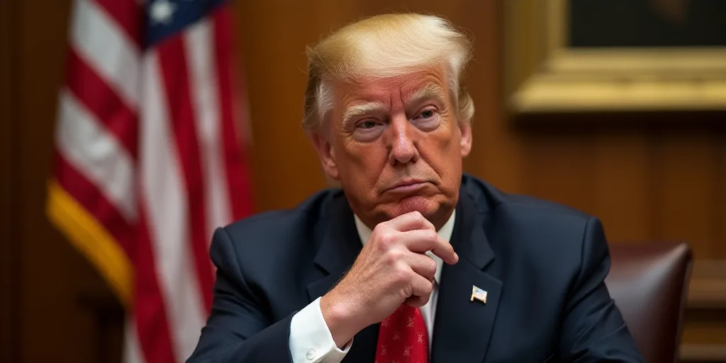 a man in a suit and tie sitting in front of a flag and a flag pole with a hand on his chin, Donald R