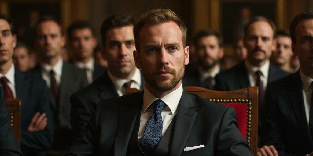 a man in a suit and tie sitting in a chair with other people in the background looking up at him, Do
