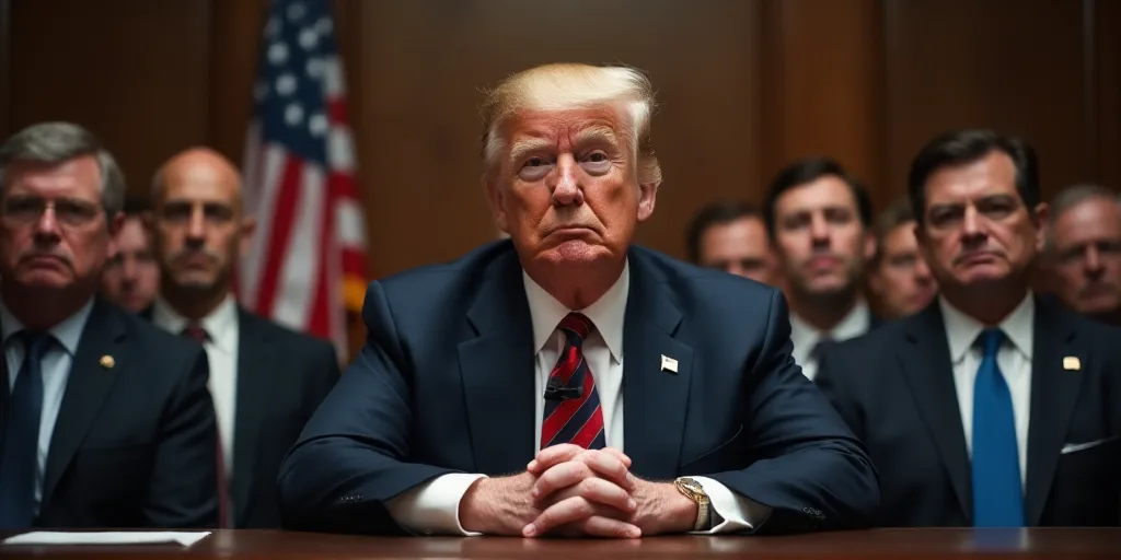 a man in a suit and tie sitting at a table with other men in suits behind him and a white american f