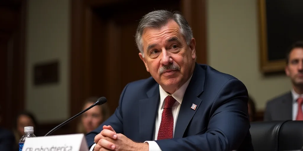 a man in a suit and tie sitting at a table with a microphone in front of him and a bank america sign