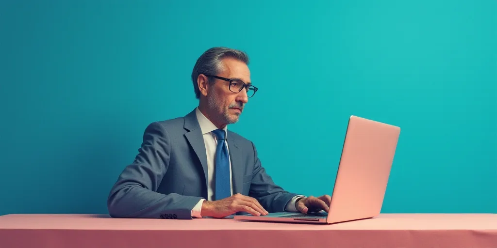 a man in a suit and tie sitting at a table with a laptop computer in front of him and a blue backgro