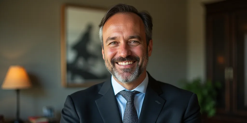 a man in a suit and tie smiling for the camera with a picture on the wall behind him behind him, Edw