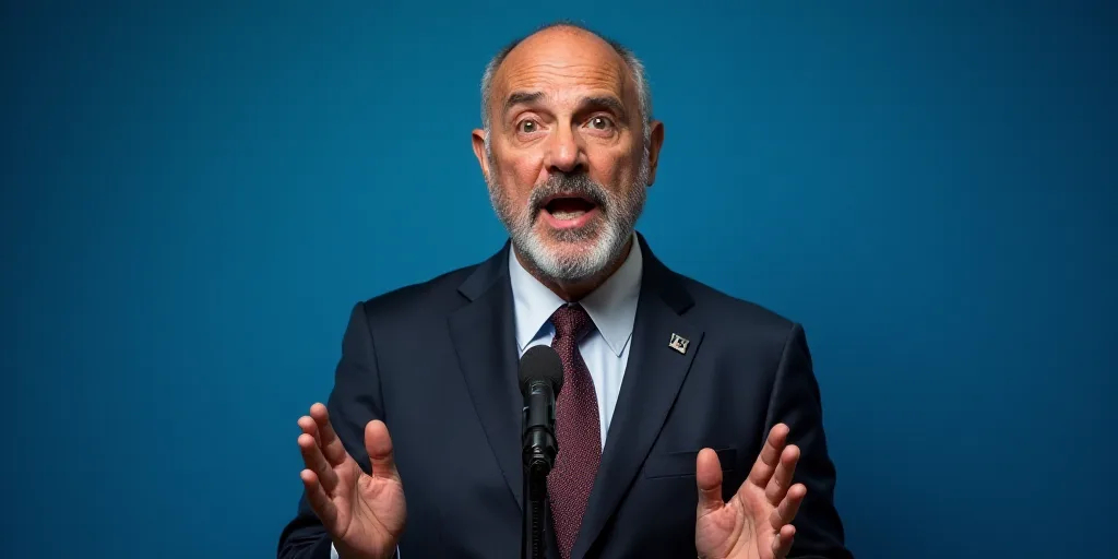 a man in a suit and tie speaking into a microphone with his hands out in front of him and a blue bac