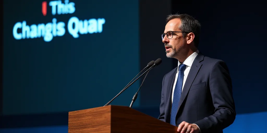 a man in a suit and tie speaking into a microphone at a podium with a screen behind him that says,,