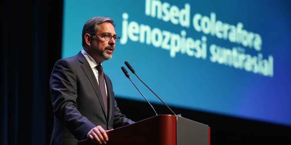 a man in a suit and tie speaking into a microphone at a podium with a screen behind him that says,,