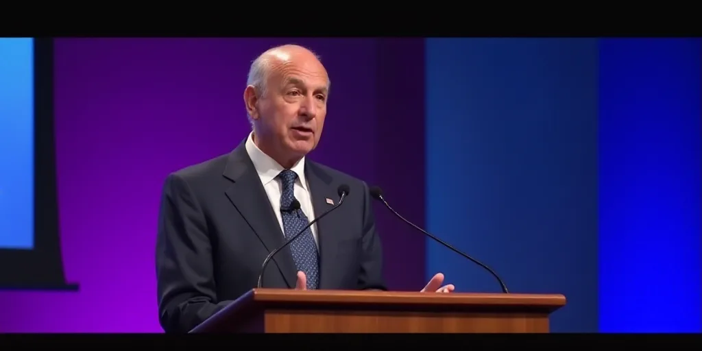 a man in a suit and tie speaking into a microphone at a podium with a purple background and a blue s
