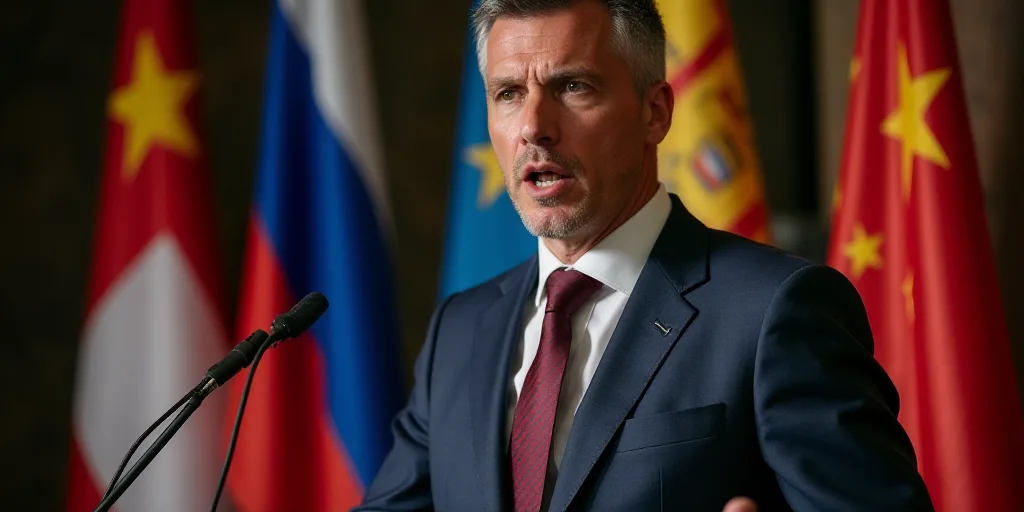 a man in a suit and tie speaking into a microphone with flags behind him and a microphone in front o
