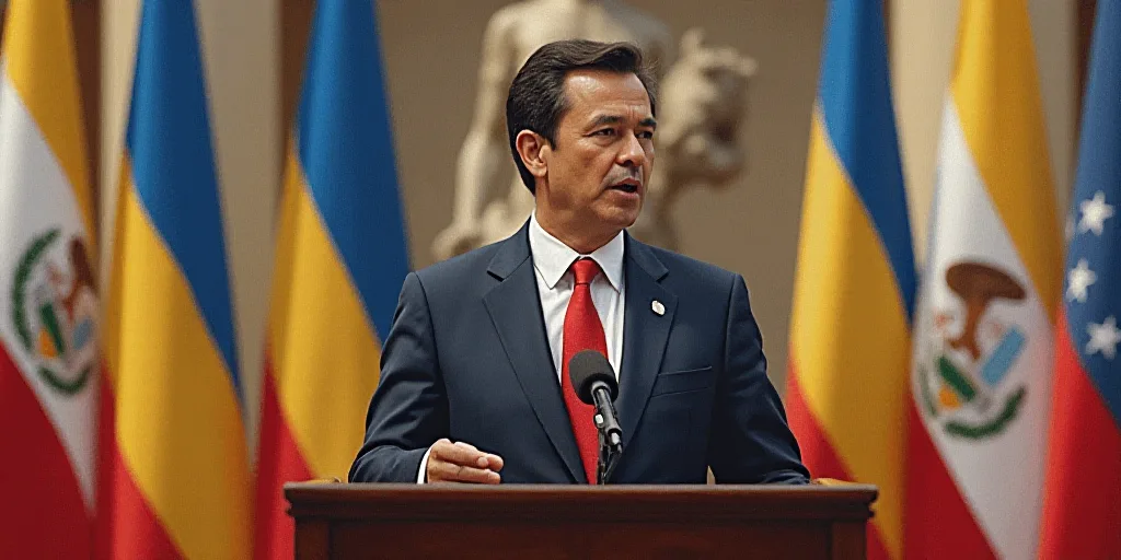 a man in a suit and tie speaking at a podium with flags behind him and a statue behind him, Carlos F