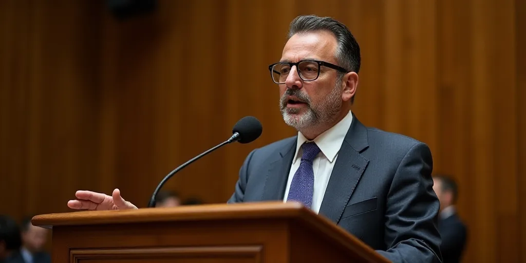 a man in a suit and tie speaking at a podium with a microphone in front of him and a wooden wall beh