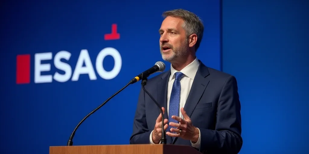 a man in a suit and tie speaking into a microphone at a podium with a blue background and a sign beh